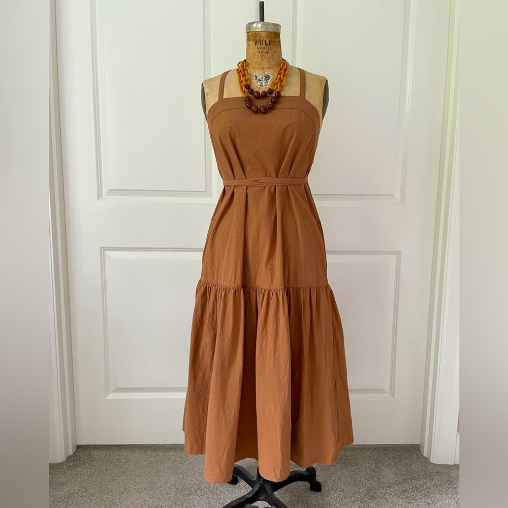 Everlane Pinafore Cotton Midi Tiered Dress, Tan Brown, Size 6